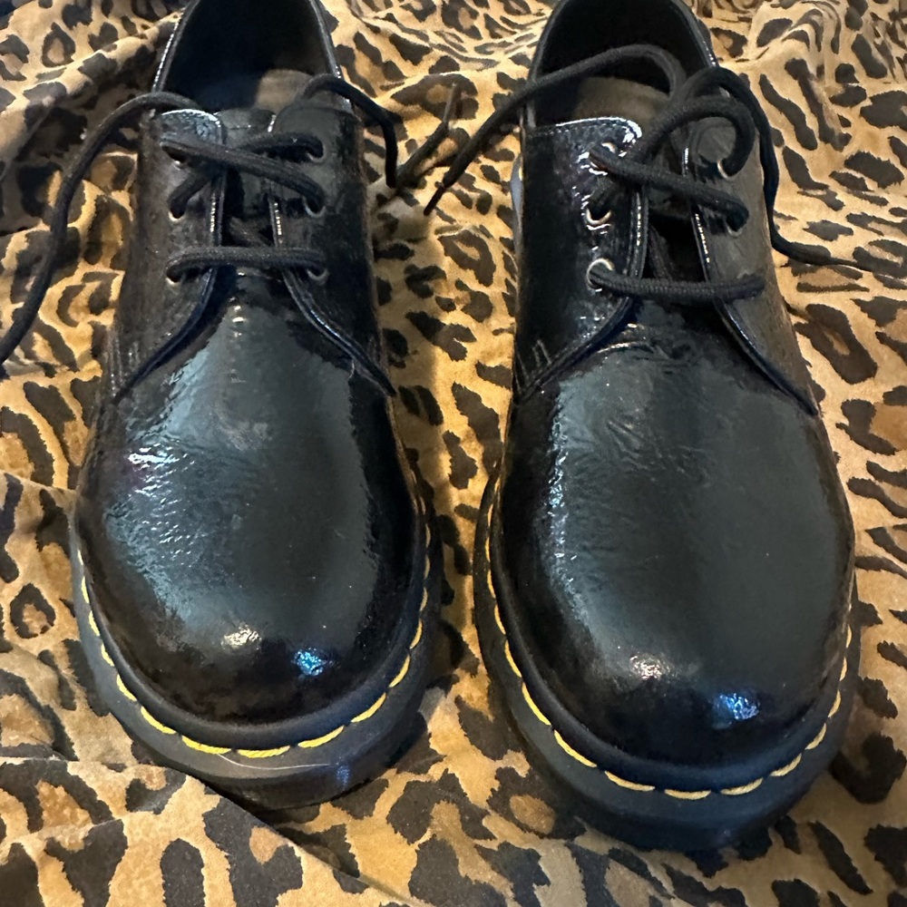 Dr. Martens Black Flats with Shiny Leather and Yellow Stitching only worn once!